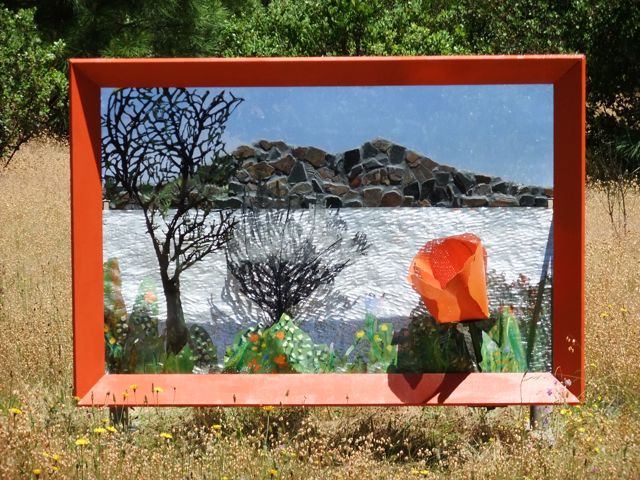 Artist, Alicia Farnsworth created this Steel Landscape Diarama of Clearlake with Mosaic Mt. Konocti freestanding with a large wood frame. It is nstalled from June through October at the Middletown  County Park as part of Lake County EcoArts 2010 sculpture walk.